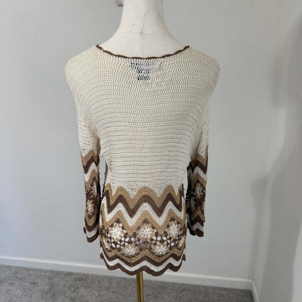 Vintage Silk Blend Crochet Knit Top Sweater Bell Sleeve Cream Brown Small 70s - Picture 6 of 10